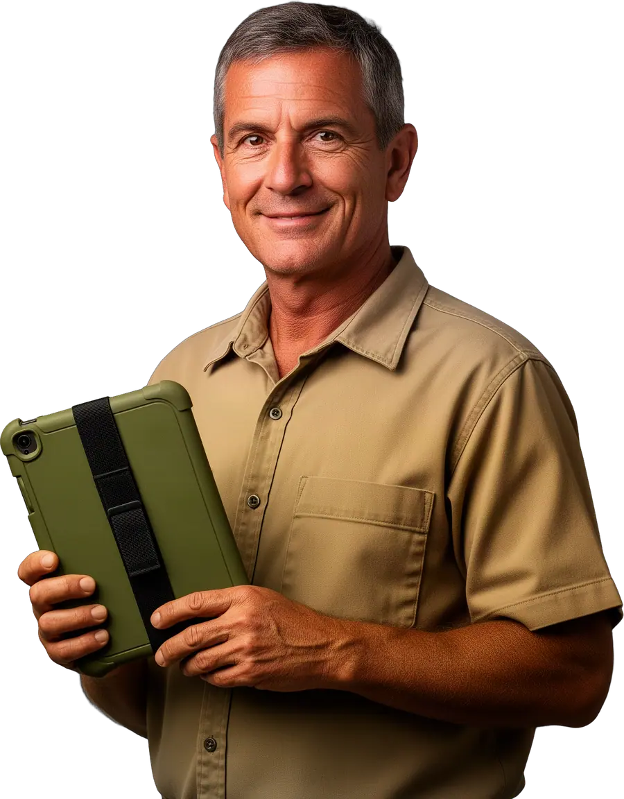 A smiling man in a khaki work shirt holding an olive-cased tablet.